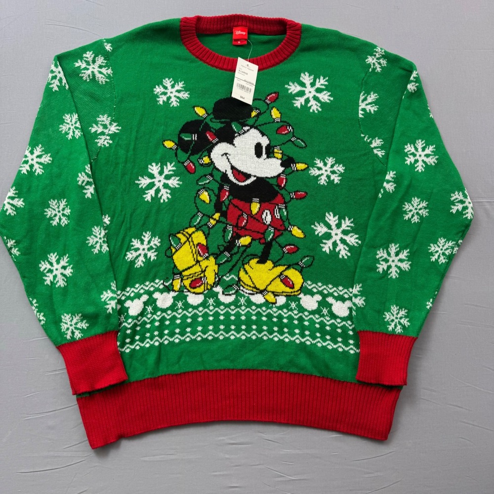 Disney Mickey Mouse Christmas Ugly Sweater Green XL Mens NWT Holiday Snowflake